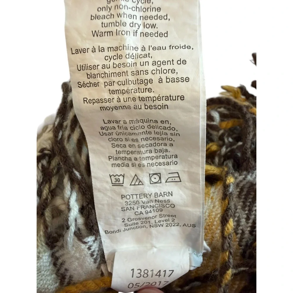 Pottery Barn Plaid Throw Blanket Mustard Yellow Brown Cream Tassel Fringe 50x60